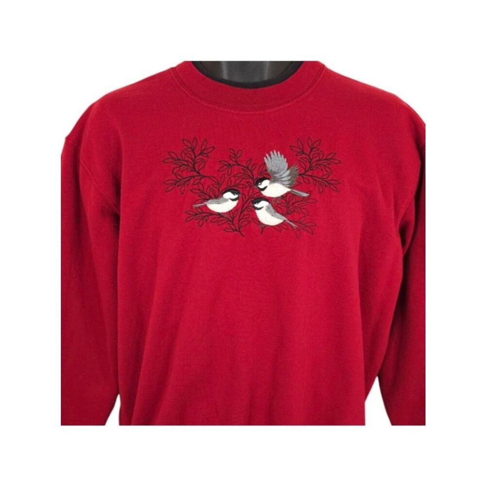 Vintage Chickadees Bird Sweatshirt Mens Size Large 90s Granny Core Embroidered